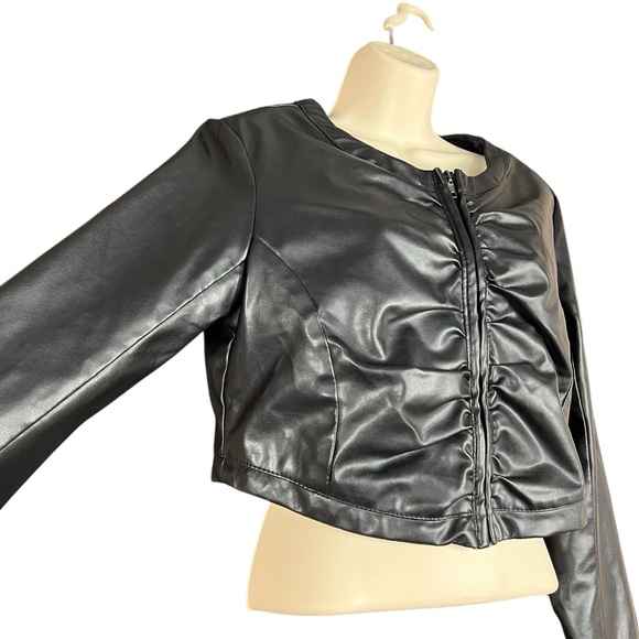 Lane Crawford NY Paris Black Vegan Leather Ruched Full Zip Cropped Jacket Size M - Picture 4 of 9